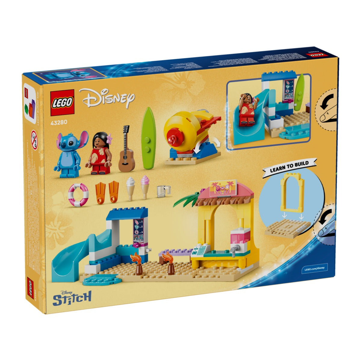 LEGO 43280 Diversão na Praia com Lilo e Stitch, traseira da caixa, Estado d'Alma